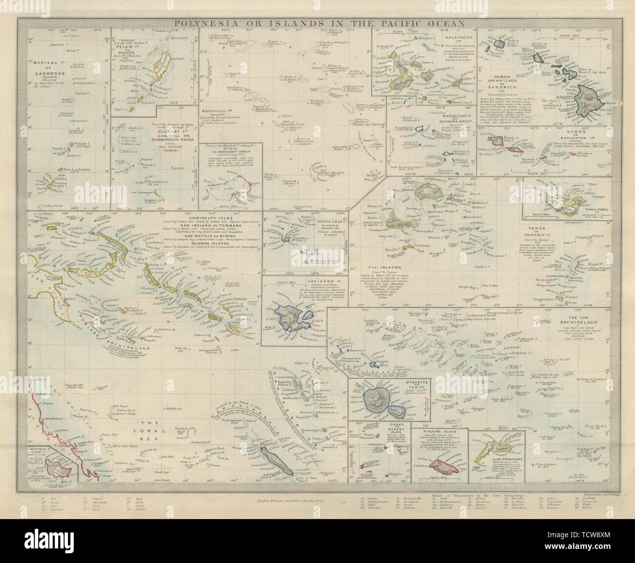 Islas del Pacífico. Hawaii polinesia Samoa, Fiji, Tonga, Tahití Cook. SDUK 1874 mapa Foto de stock