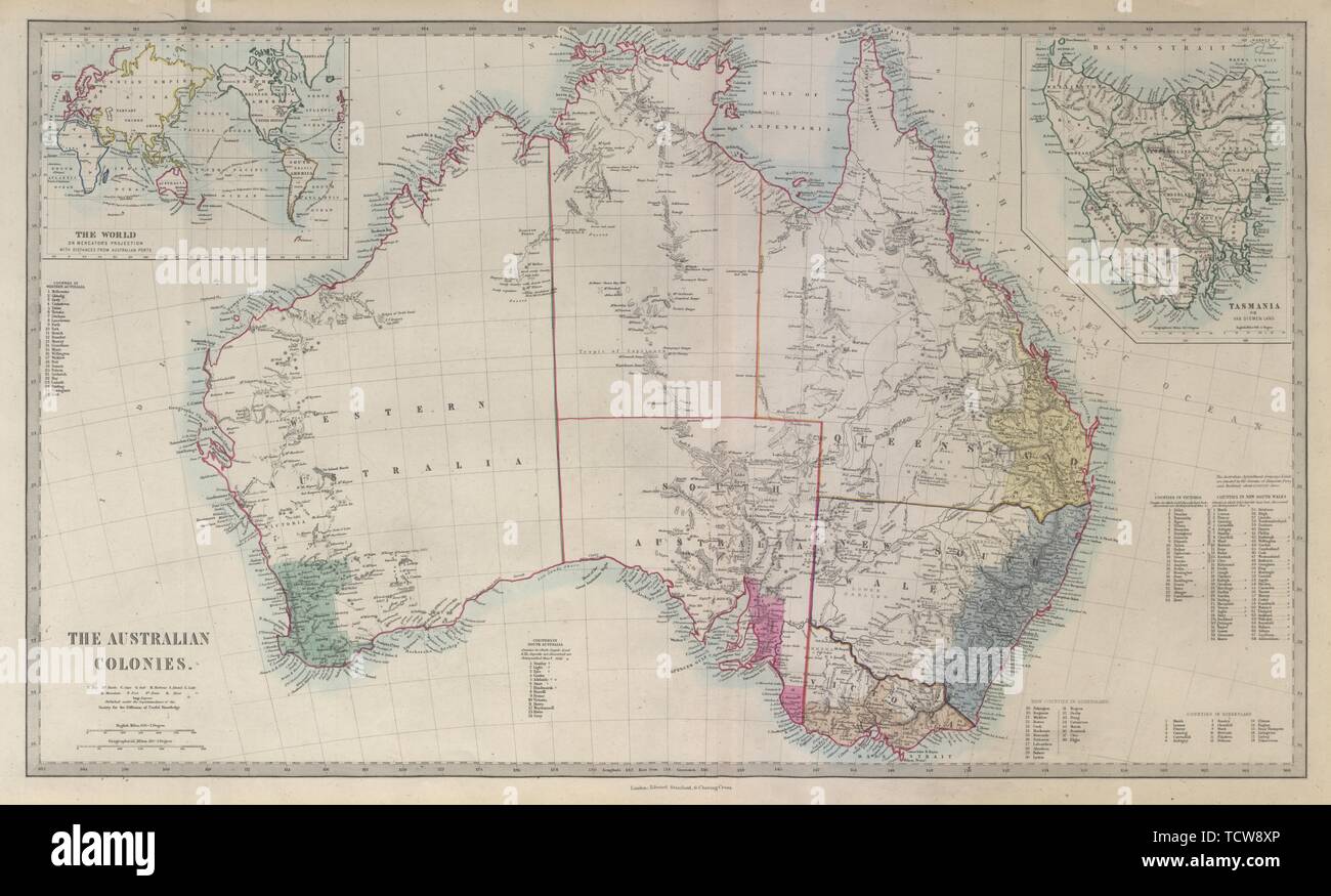 Las colonias australianas mostrando los condados. Doble página. 1874 SDUK viejo mapa Foto de stock