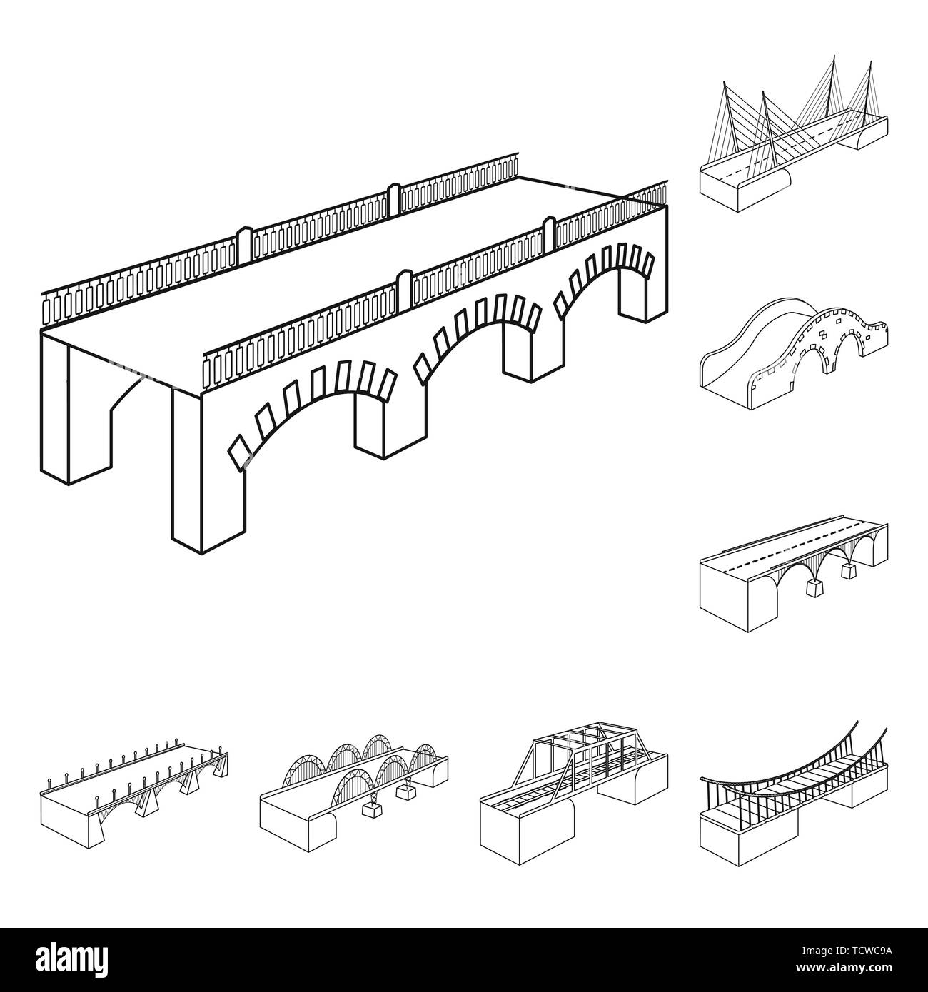 Puente, reubicación, construcción, peatón, montado,edificio,mobile,mar,ladrillo,suspendido,río,autobahn, ajustable,viejo,prop,metal,soporte,cascada,arco,columna,concreta,long,barandillas,showplace,costa,colgantes,campo,transporte,moderno,histórica,estructura,conexión,cruzando,vista diseño,construir,lado,bridgework,arquitectura,establecida,vector,icono,ilustración,aislado,collection, elemento gráfico,,firmar,Esquema de vectores Vector,line , Ilustración del Vector