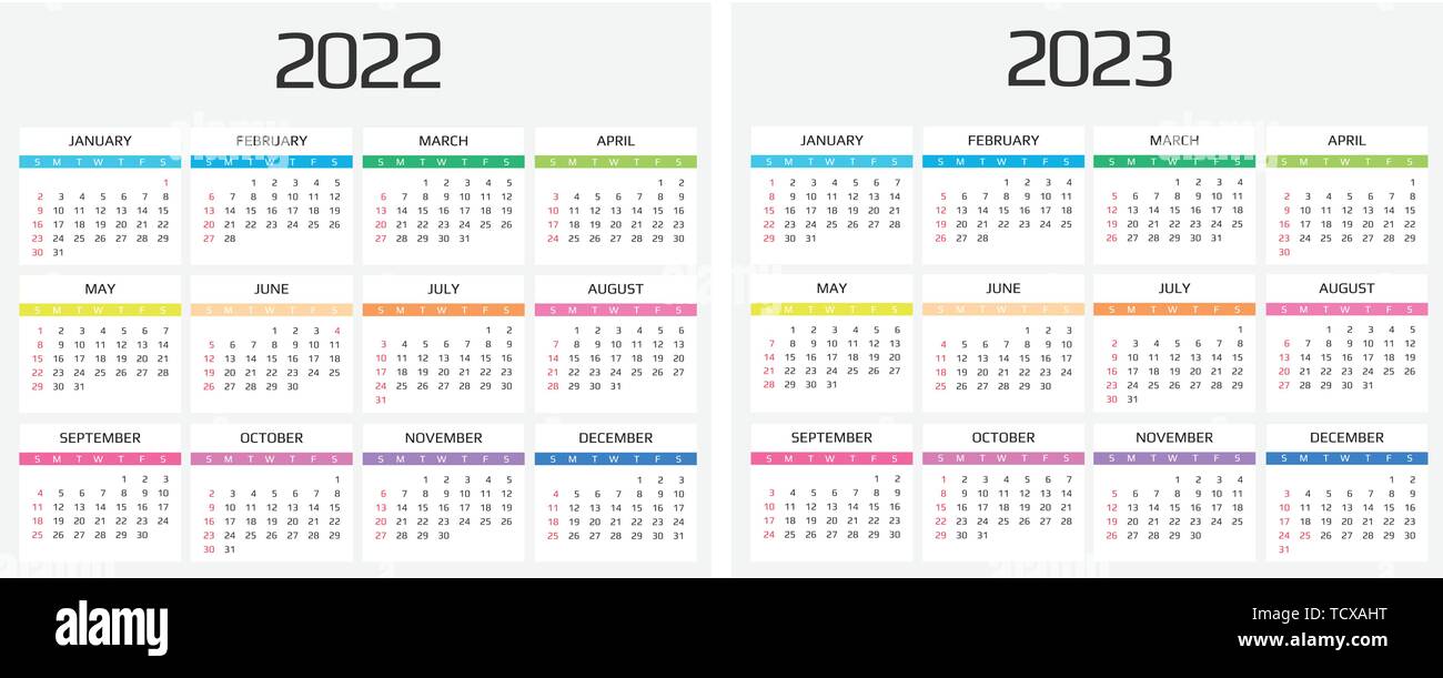 Calendarios 2022 Y 2023 Calendario 2022 y 2023 plantilla. 12 meses. Incluir eventos de vacaciones  Imagen Vector de stock - Alamy