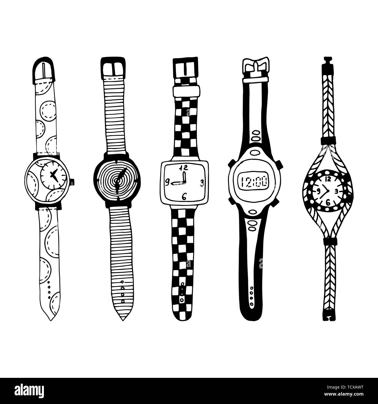 Relojes de pulsera de dibujos animados. Conjunto de relojes. Ilustración  vectorial Imagen Vector de stock - Alamy