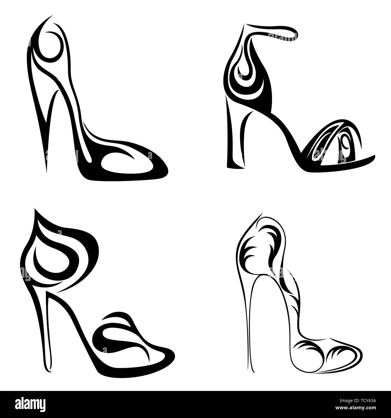 Conjunto de cuatro elegantes abstracta femenina zapatos con tacones altos,  negro sobre blanco ilustraciones vectoriales Imagen Vector de stock - Alamy