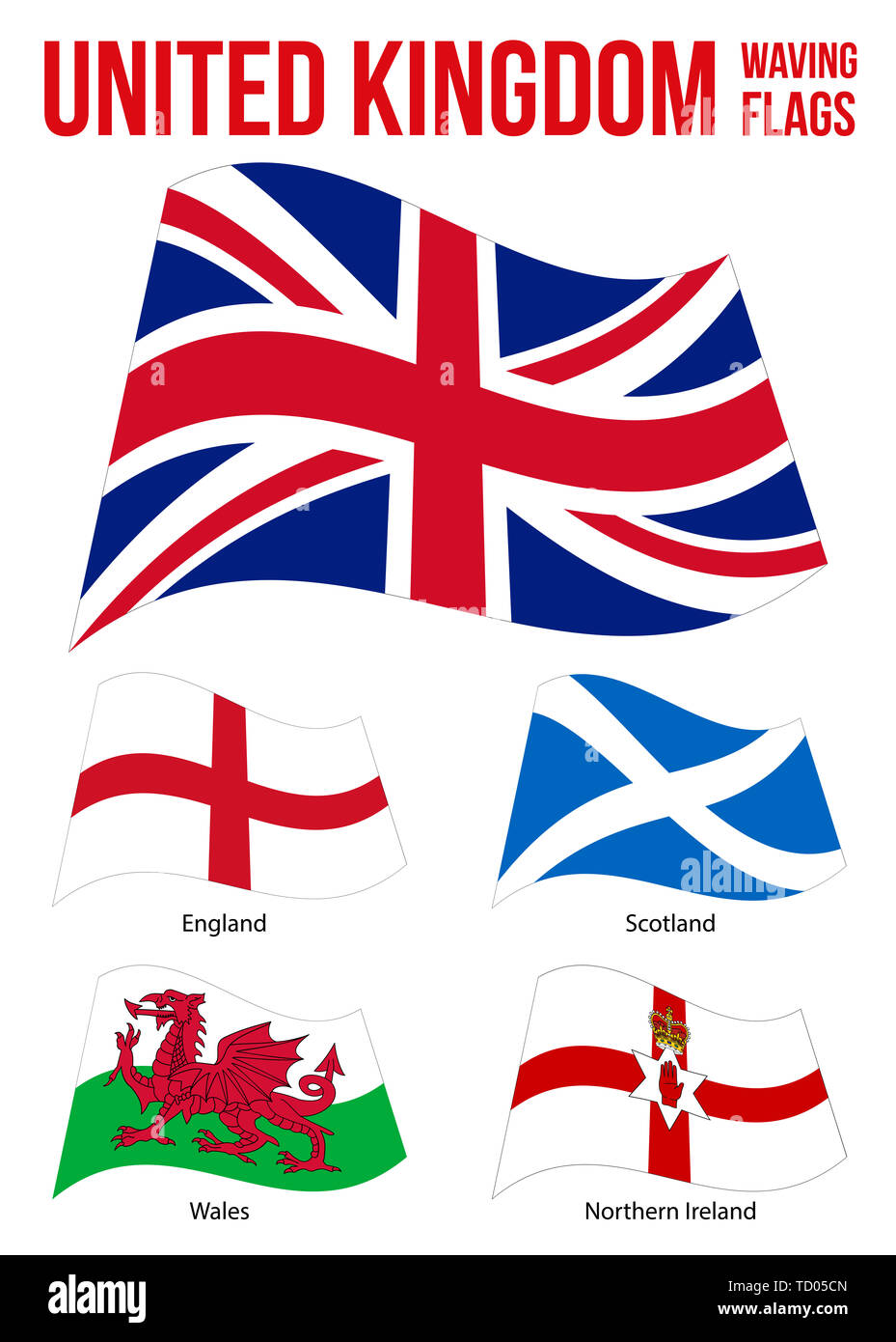 Reino Unido agitando banderas Colección ilustración vectorial sobre fondo blanco. Países del Reino Unido. Bandera de Inglaterra, Irlanda del Norte, Wa Foto de stock
