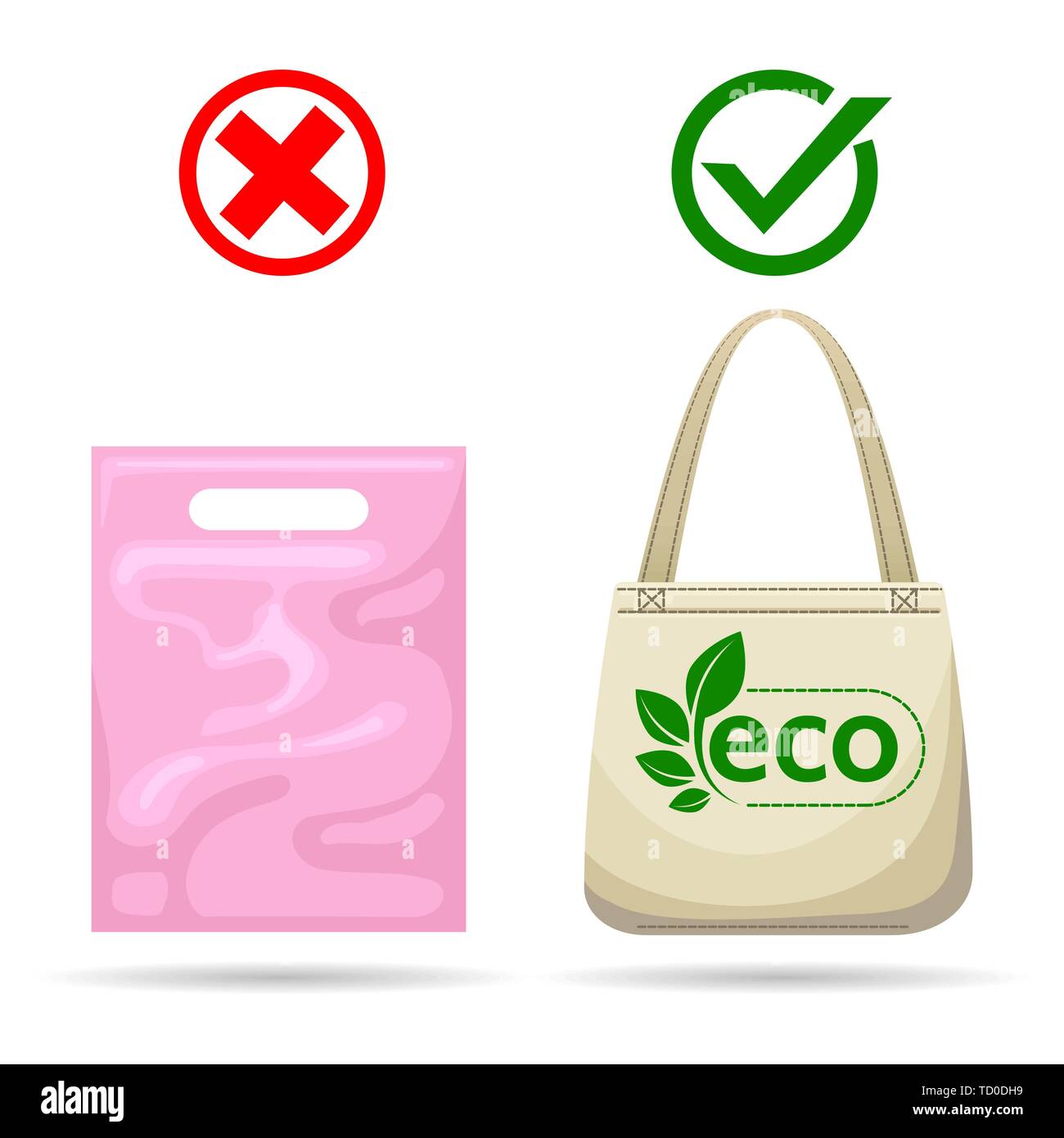 No hay bolsas de plástico. Vector ecológico reciclado textil bolsa de  polietileno desechables de plástico vs shoppingbag contaminantes Imagen  Vector de stock - Alamy
