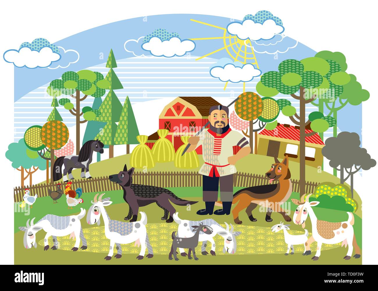 Esquema decorativo colorido cute agricultor con pastor alemán blanco rebaños de cabras de pie en perfil en el jardín. Granja cartoon vectoriales ilustración plana en Ilustración del Vector