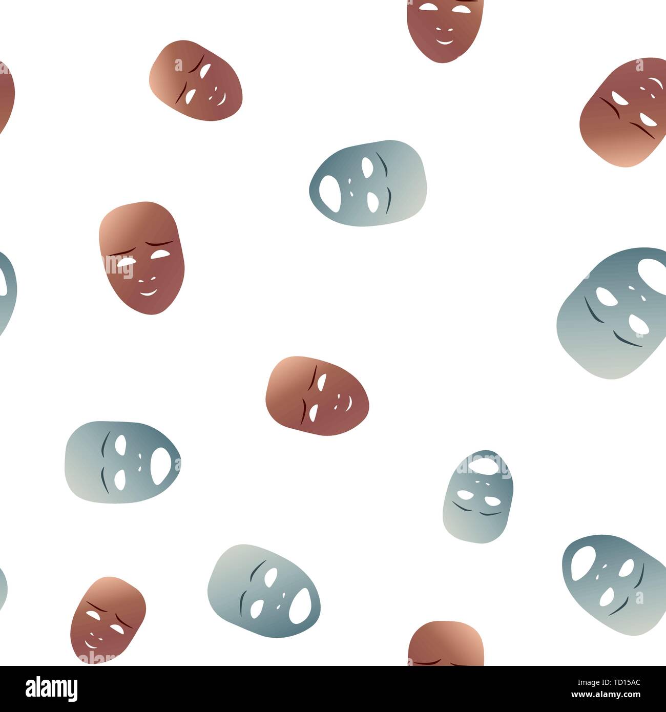 Patrón sin fisuras con máscara teatral sonriente y temerosos de emoción. Ilustración vectorial. Máscaras de bronce y plata con degradado aislado en blanco backgr Ilustración del Vector