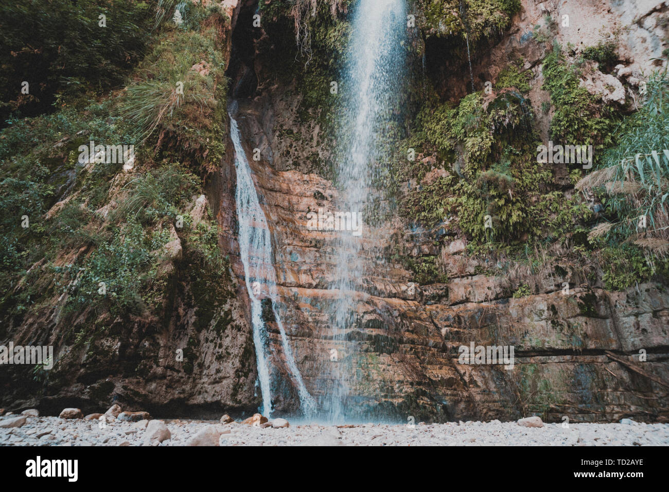 Dos secuencias de hadas de cascadas de montaña en el parque nacional de Israel. El concepto de extrema y de turismo ecológico. La frescura del agua fresca y pura de Foto de stock