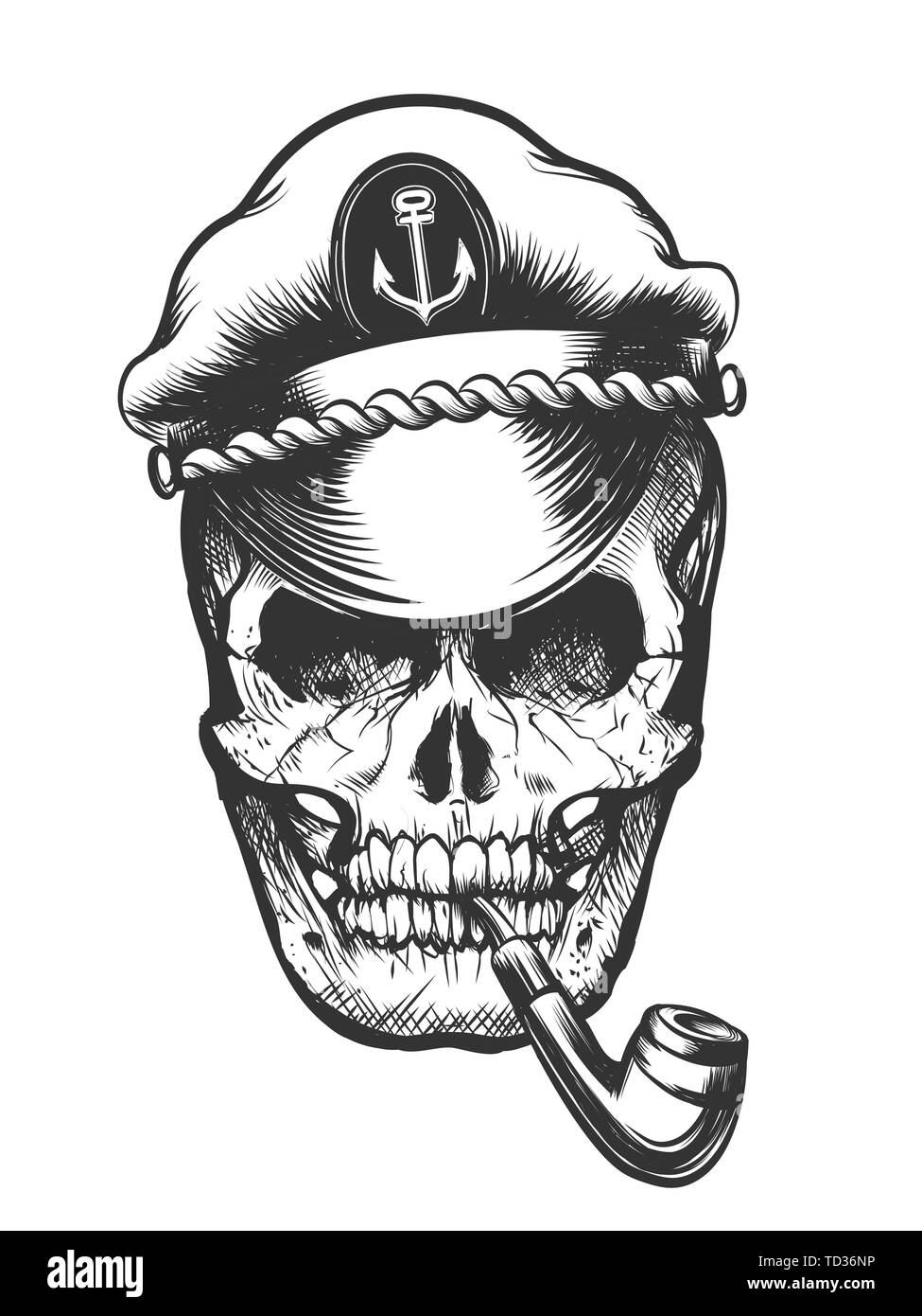 Cráneo humano en capitán gorra tabaco de fumar pipa. Ilustración vectorial. Ilustración del Vector