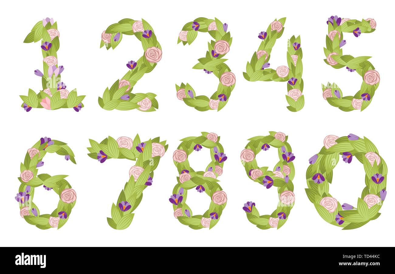 Conjunto de números. Dibujos Animados Diseño de fuente de flores. Número  del 0 al 9 con flores y hojas. Ilustración vectorial plano aislado sobre  fondo blanco Imagen Vector de stock - Alamy