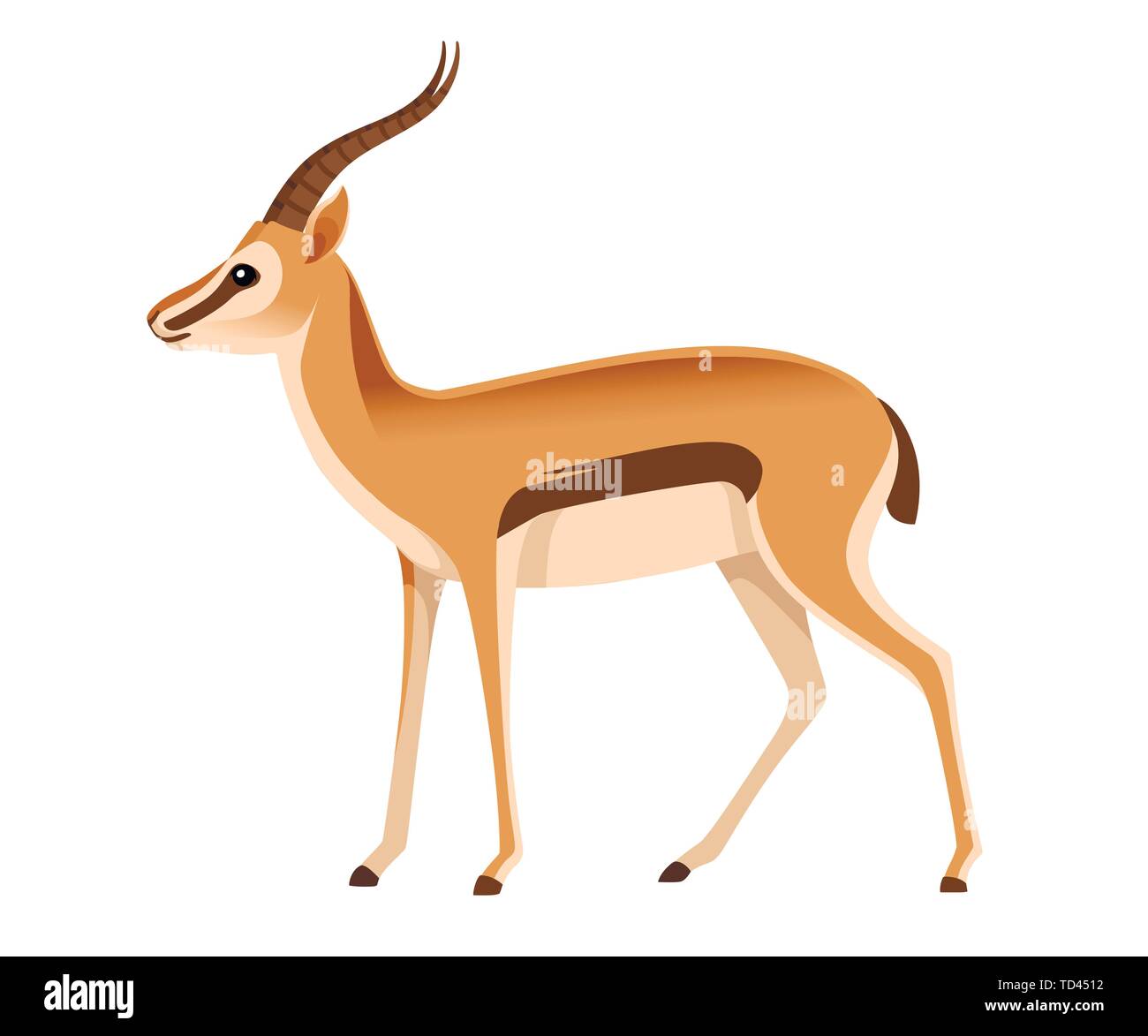Cola negra salvajes africanos gacela con largos cuernos cartoon animal plana diseño ilustración vectorial sobre fondo blanco vista lateral de antílope. Ilustración del Vector