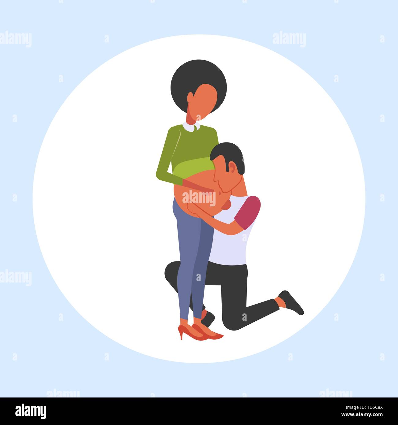 Feliz Esposo De Rodillas Escuchando Su Esposa Embarazada La Panza Alegre Pareja Hombre Mujer Afroamericana Esperando Bebe Recien Nacido El Embarazo Concepto De Paternidad Imagen Vector De Stock Alamy