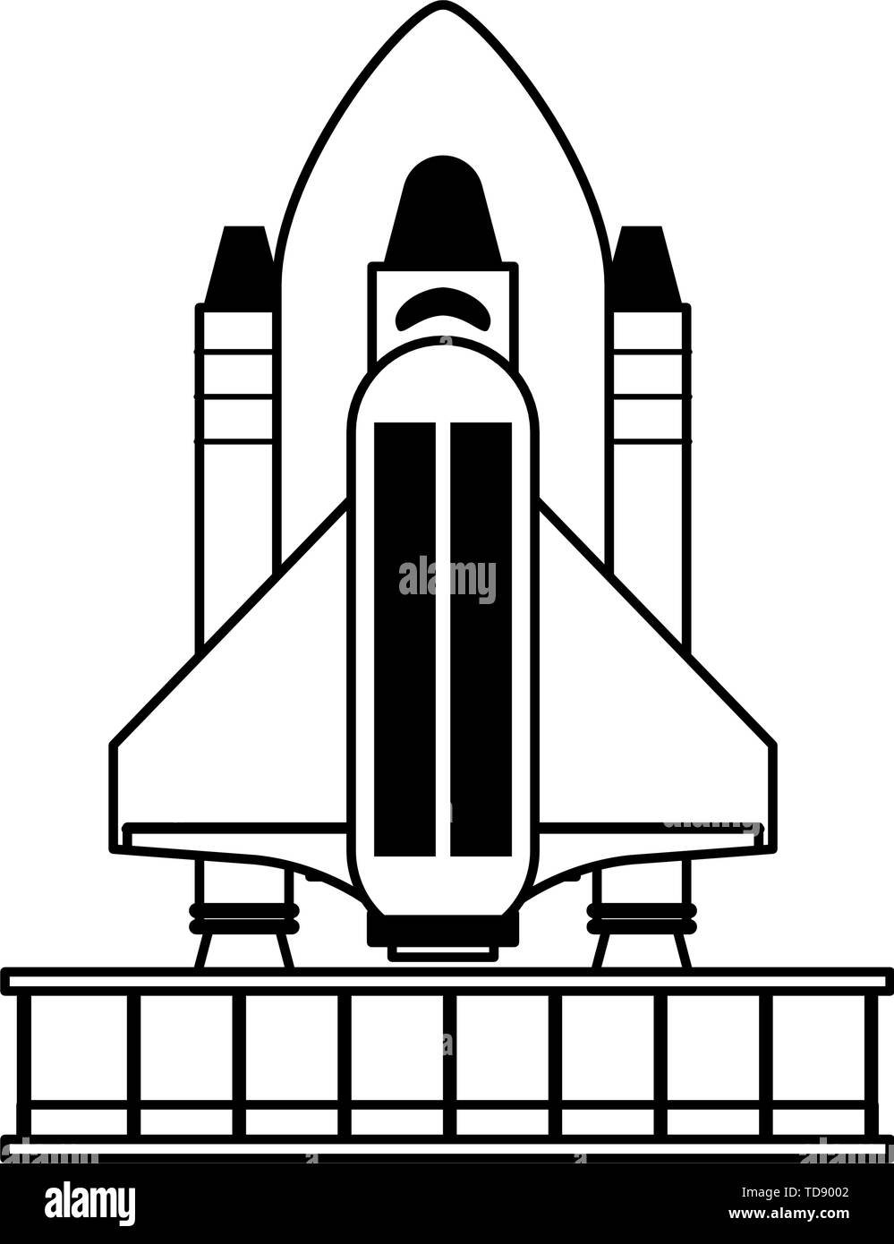 Nave espacial en plataforma símbolo aislado en blanco y negro Imagen