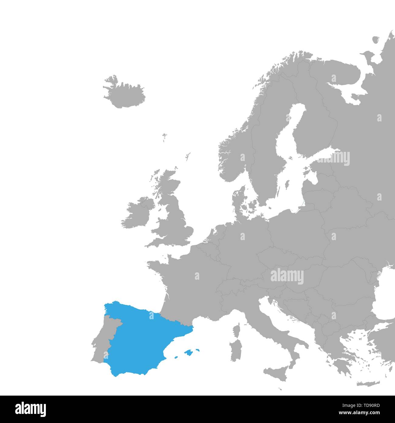 El mapa de España está resaltada en azul en el mapa de Europa. Vector