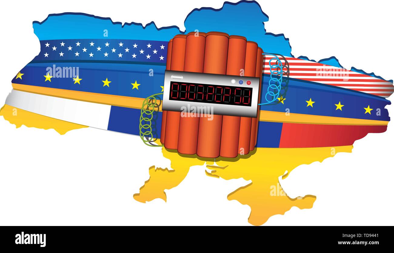 Mapa de Ucrania envuelto por los EE.UU., la unidad europea y Federación de banderas. Gran explosivo con temporizador. Ilustración vectorial aislado sobre fondo blanco. Ilustración del Vector