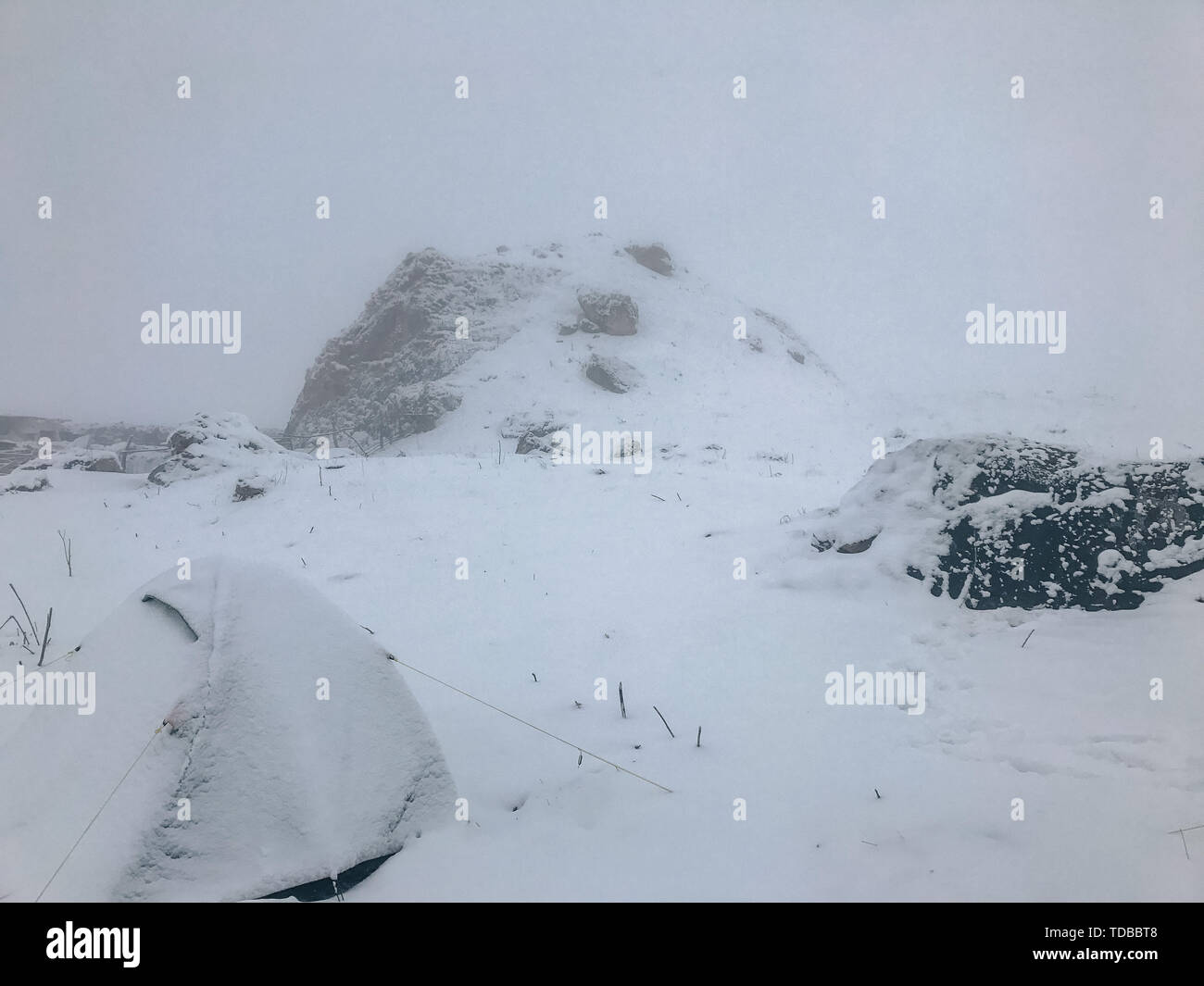 Carpa en condiciones extremas de invierno cubierto de nieve en lo alto de las montañas Foto de stock