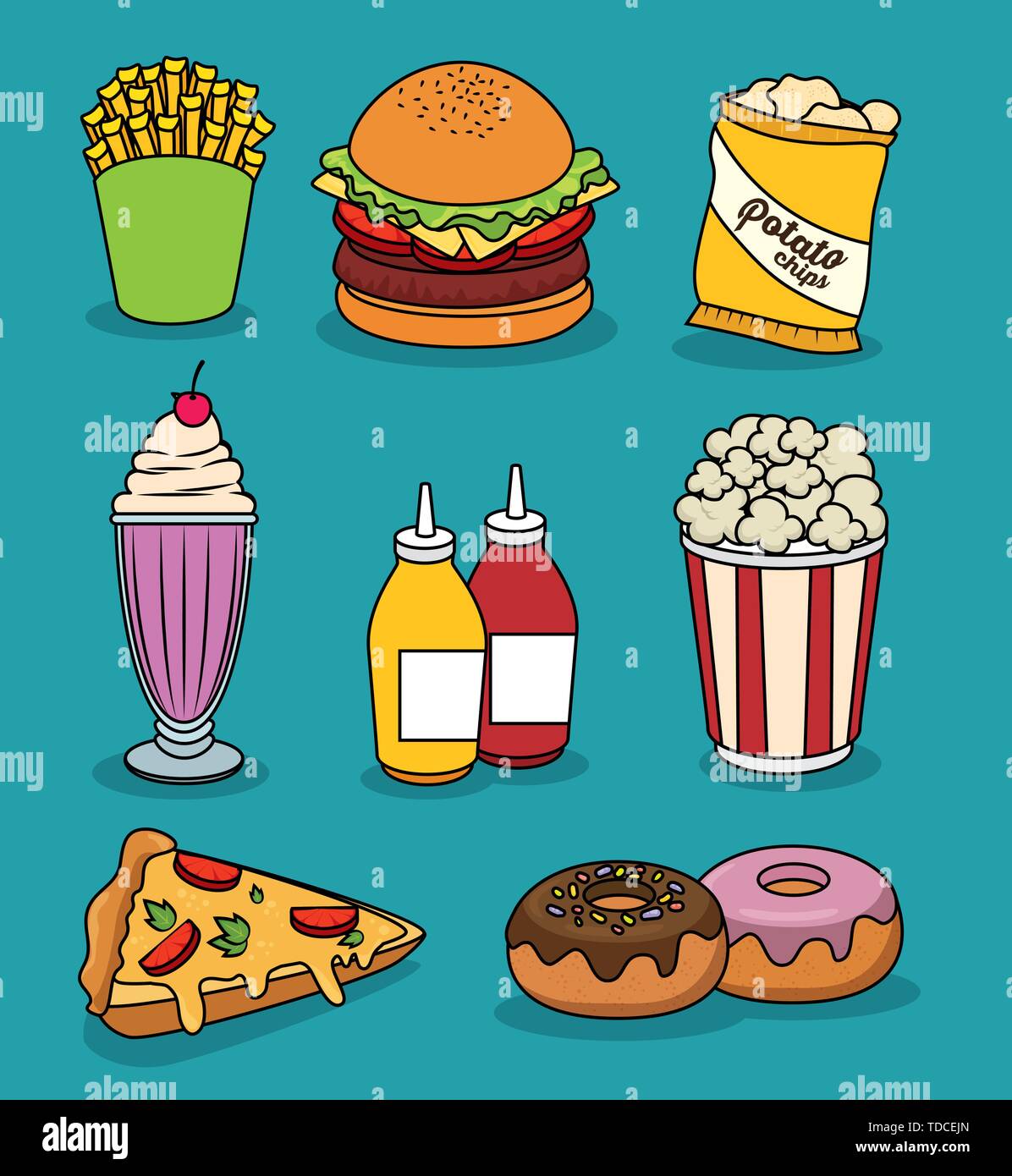 Establezca el colorido de la comida rápida de dibujos animados Imagen  Vector de stock - Alamy