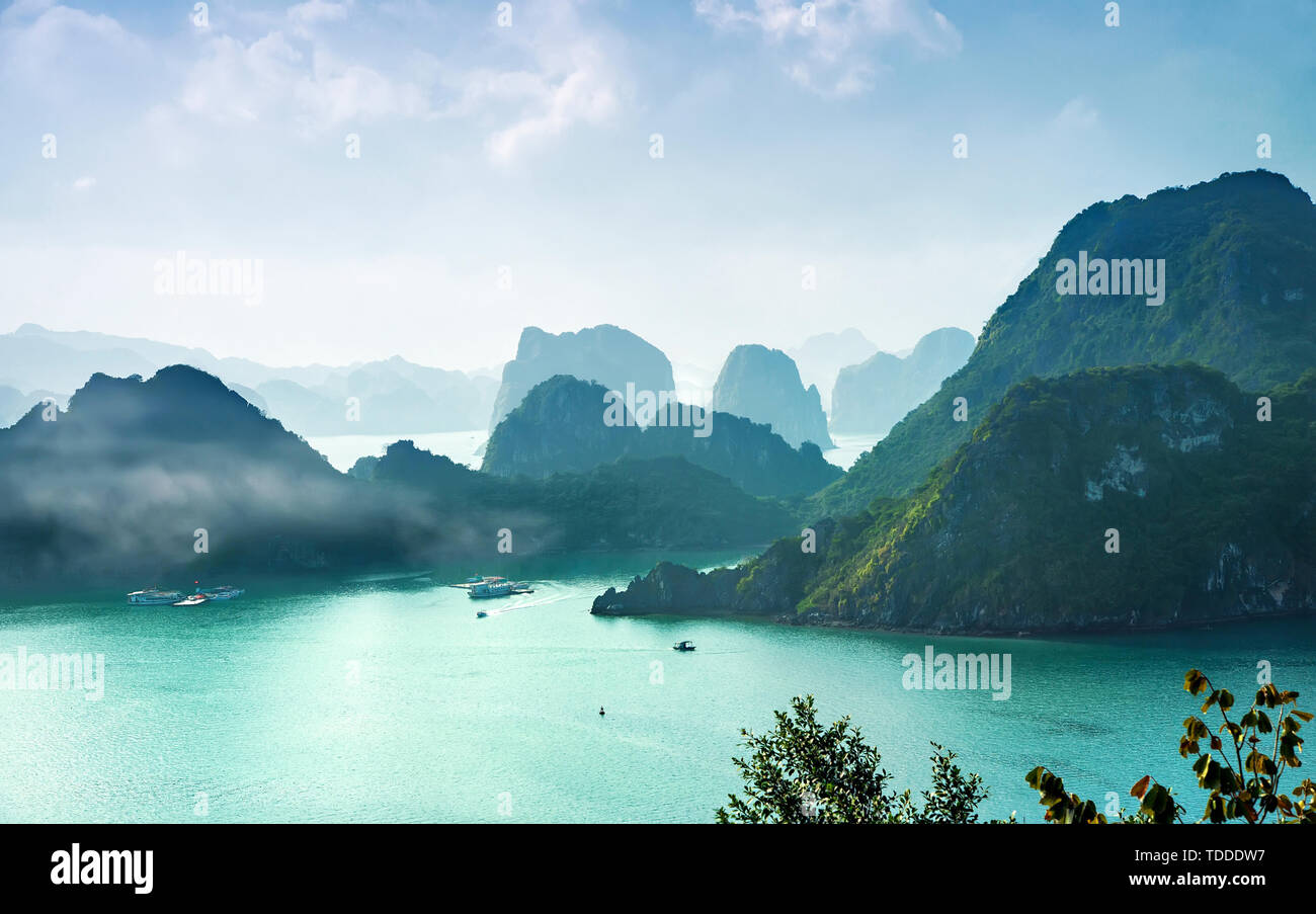 Las formaciones cársticas en el mar,el patrimonio mundial natural - Halong Bay Foto de stock