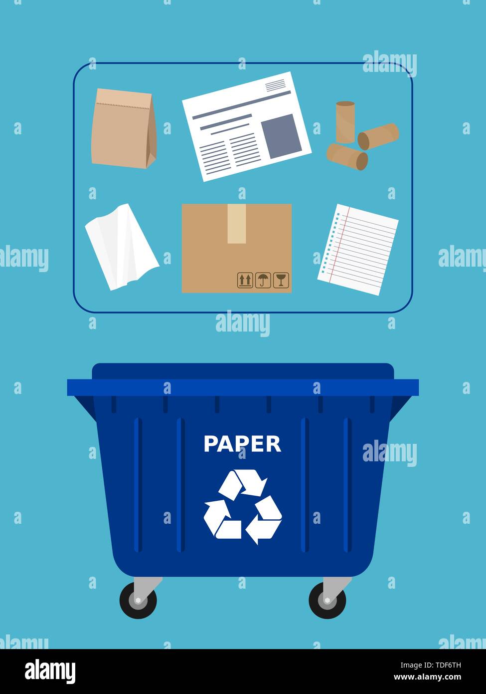 Contenedor de basura para residuos de papel reciclable. Contenedor azul con  objetos de papel. Reciclar papel, separar los residuos, clasificando la  basura, respetuosas con el medio ambiente. Vector Imagen Vector de stock -