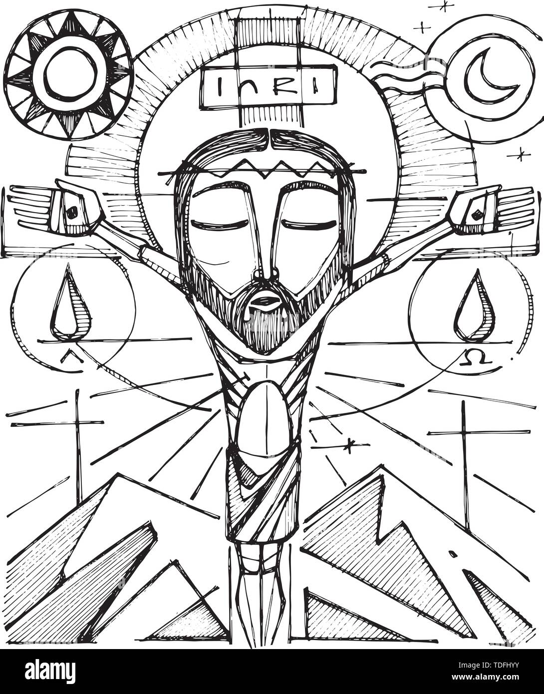 Ilustración vectorial dibujada a mano o un dibujo de Jesucristo en la cruz. Ilustración del Vector
