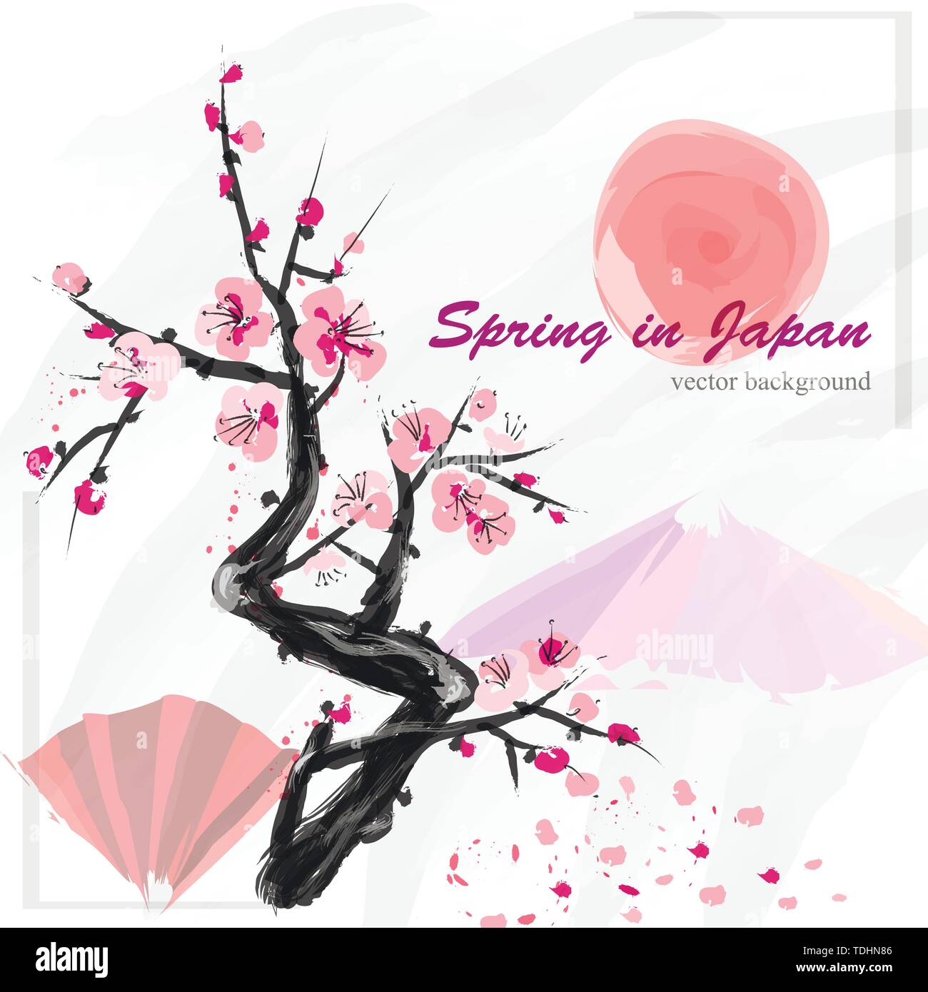 Sakura realista - Flor de Cerezo japonés. Imitación de la acuarela. Paisaje en el fondo del Monte Fuji. Ilustración del Vector