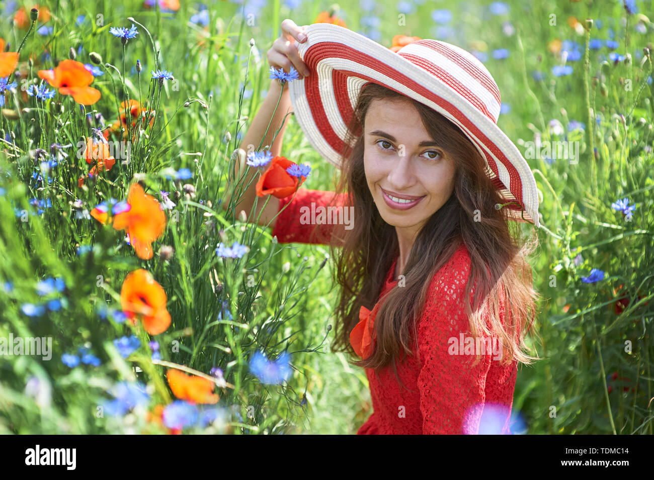 Mujer de ensueño en el vestido rojo y un gran sombrero de rayas rojas está sentado en la hermosa hierba floración verano campo de amapolas. Vintage elegante aspecto romántico concepto. Foto de stock