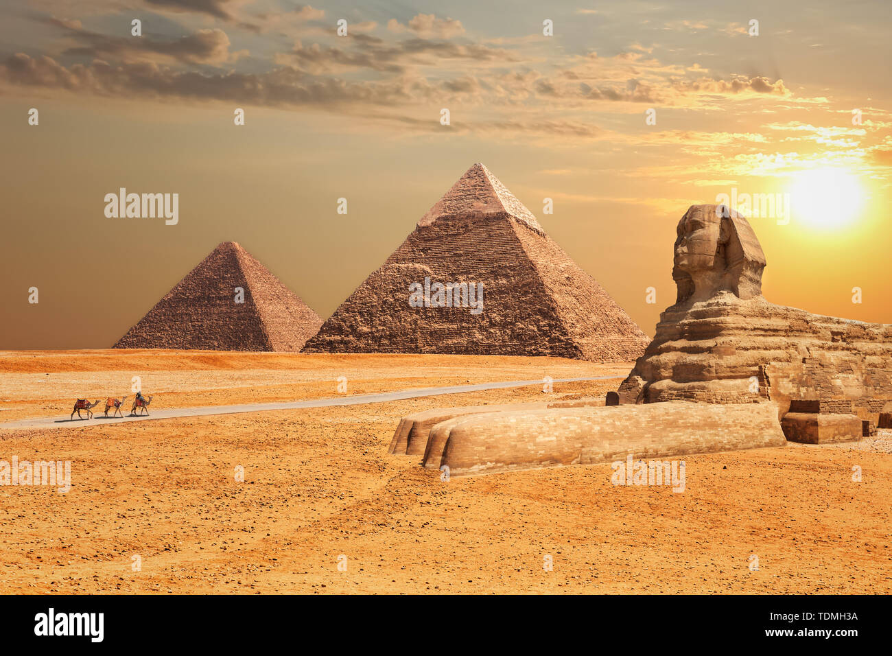 La Esfinge y las pirámides de Giza al atardecer. Foto de stock