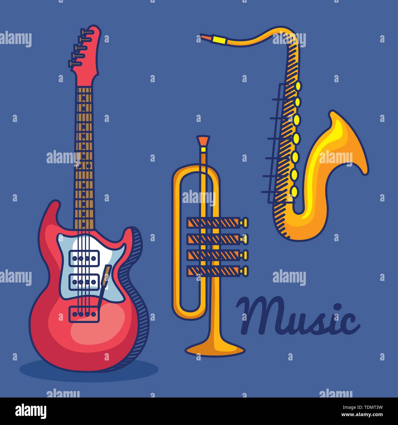 Juego de guitarra eléctrica con trompeta y saxofón instrumentos Imagen  Vector de stock - Alamy