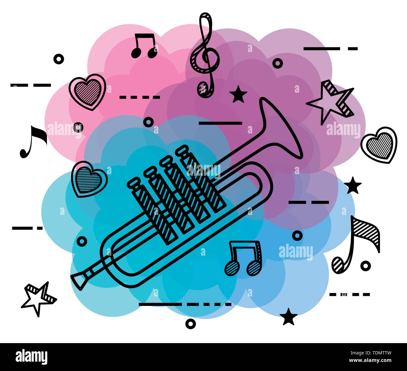 Trompeta instrumento con agudos, clef y quaver con transmitir notas Imagen  Vector de stock - Alamy