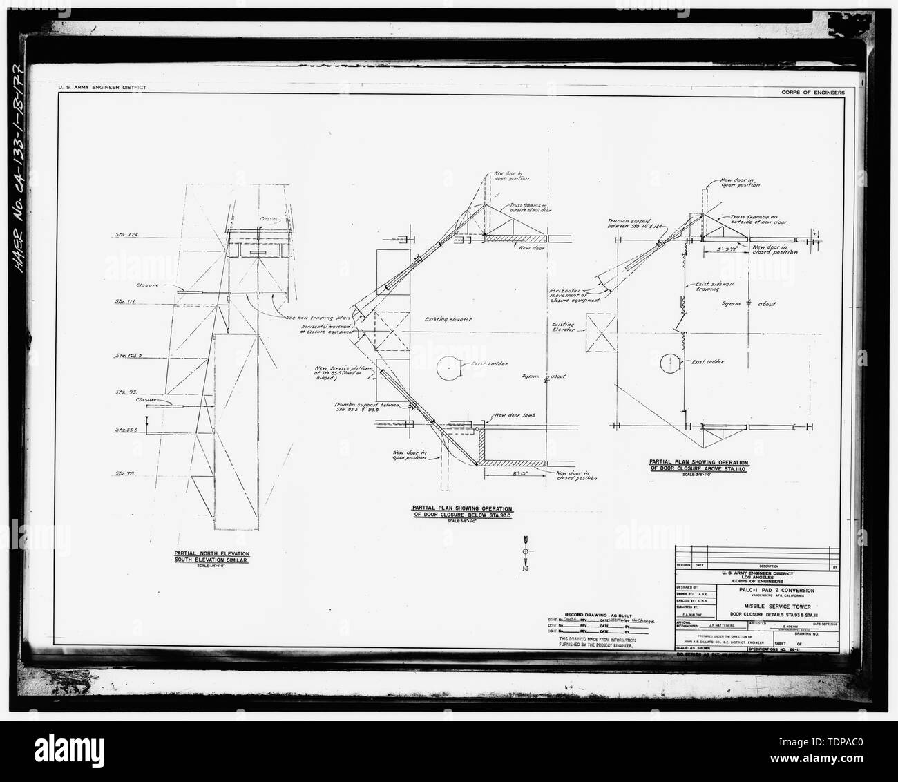 Fotocopia del dibujo (1966 dibujo estructural por U. S. Army ingeniero,  distrito de Los Angeles Corps of Engineers) DETALLES DEL CIERRE DE LA PUERTA  PARA MST 93 estaciones y 111, ESPECIFICACIONES Nº