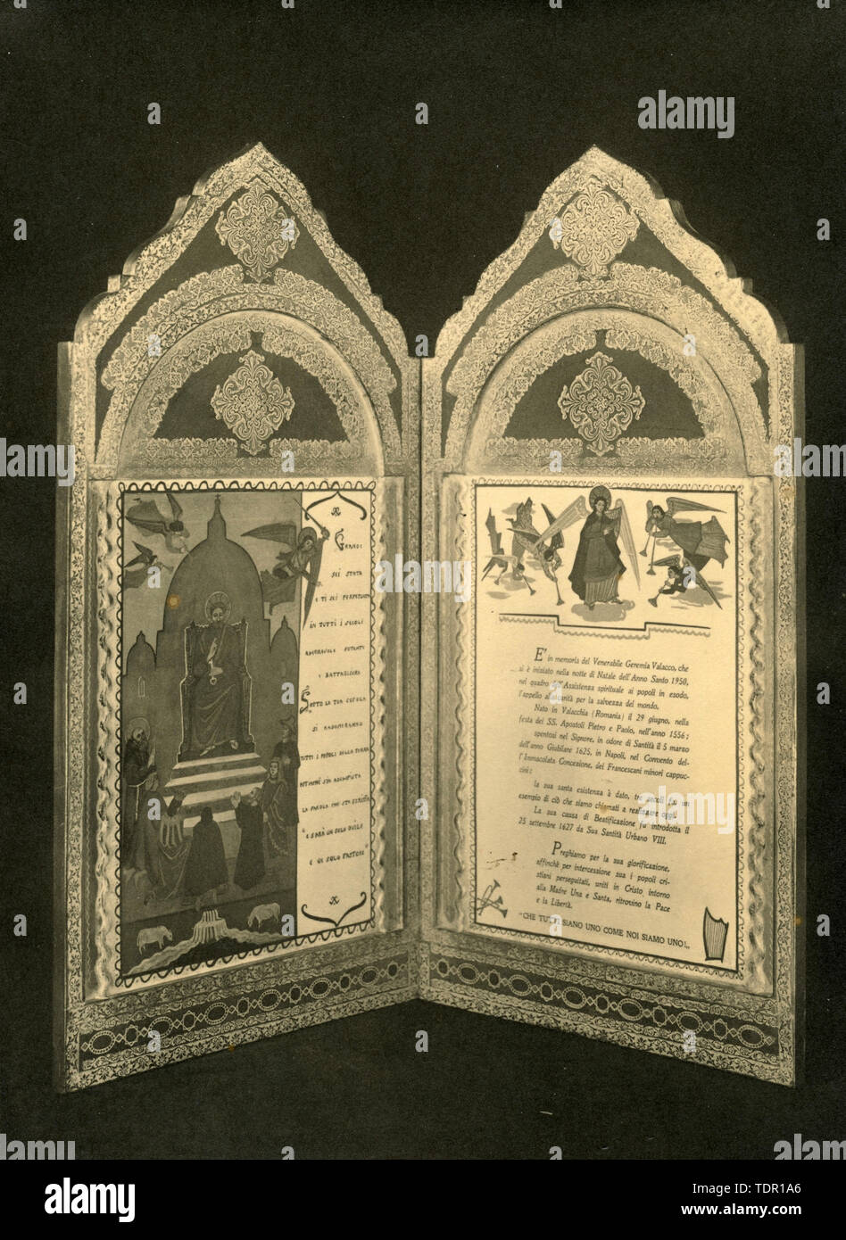 Artefactos religiosos en veneración de Jeremías de Valaquia, Italia 1930 Foto de stock