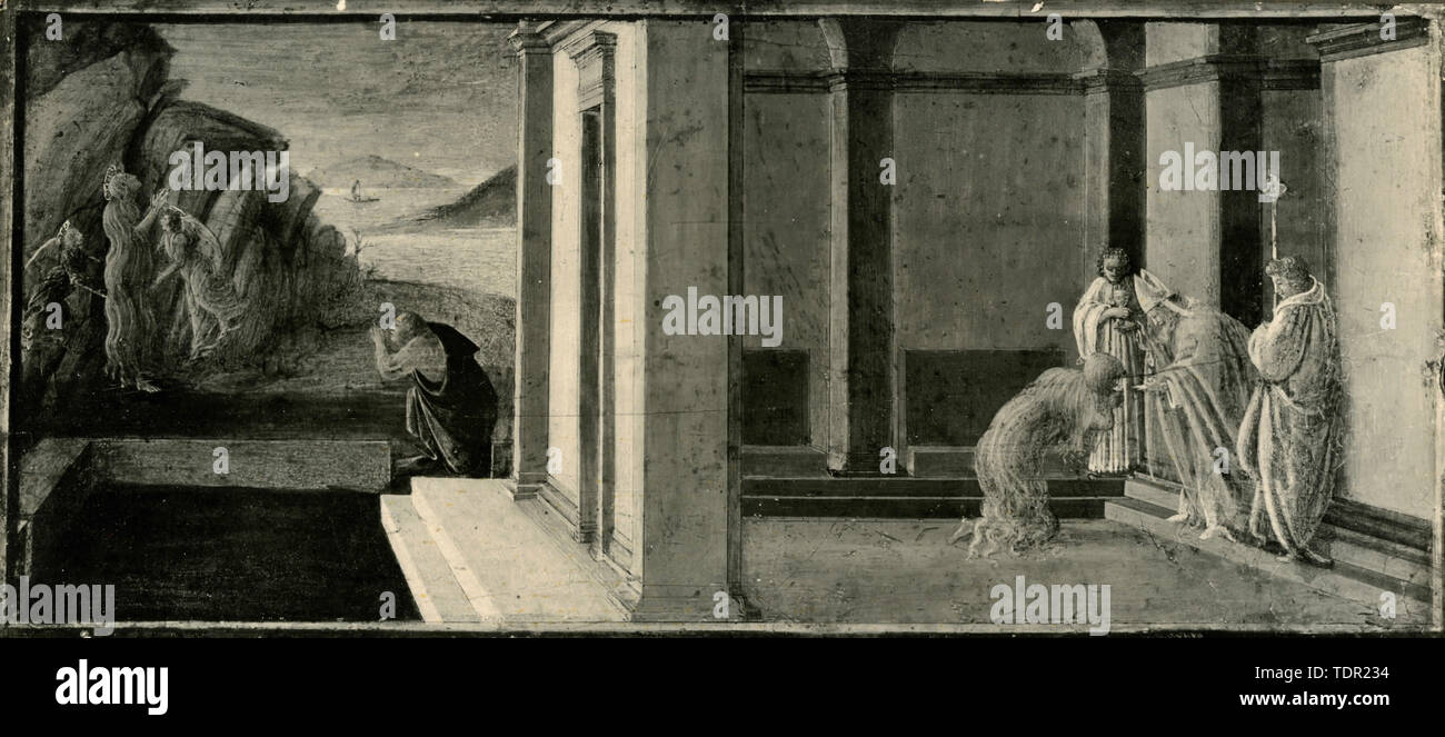Predella paneles con la leyenda de Santa María Magdalena: Los últimos momentos de la Magdalena, la pintura de Sandro Botticelli Foto de stock