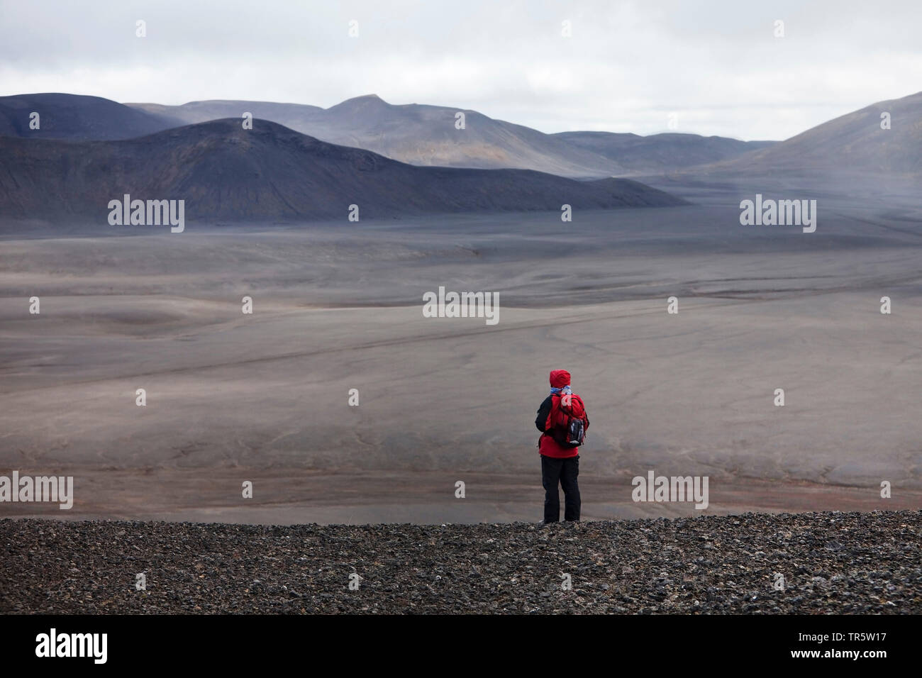 Wanderer hembra de pie en los páramos de Moedrudalsfjallgardur, Islandia, Moedrudalsfjallgardur Foto de stock