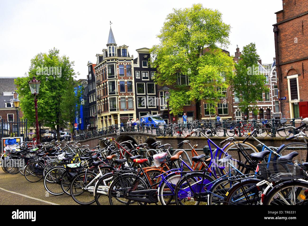 Motos en Grimburgwal en la Universidad en la ciudad de Amsterdam, Holanda, el norte de los Países Bajos, Amsterdam Foto de stock