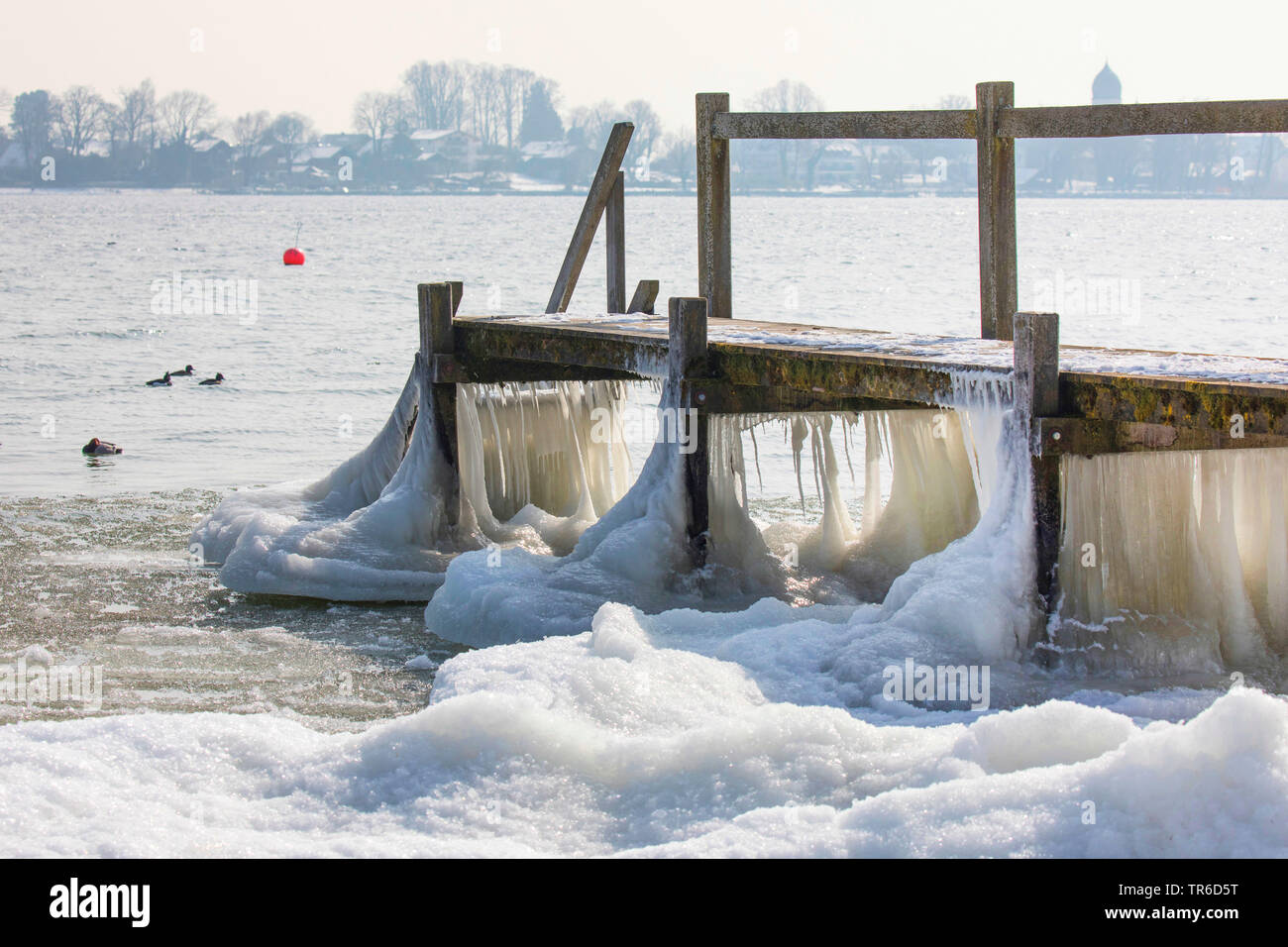 Formas extrañas guinda un malecón que después de la tormenta de invierno, Alemania, Baviera, el lago Chiemsee Foto de stock