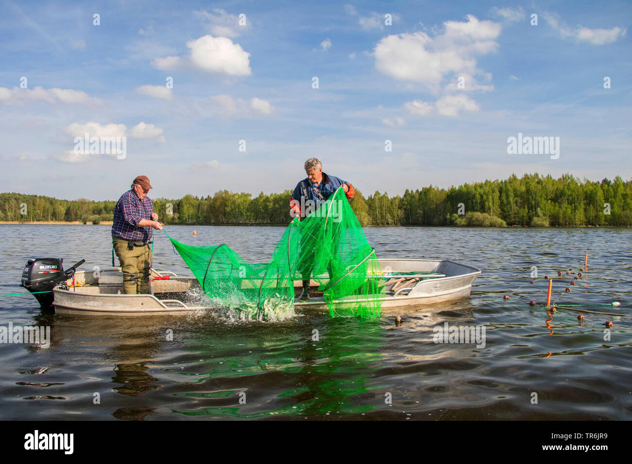 Proa net de pescar en un lago, Alemania, Baviera, Brombachspeichersee Foto de stock