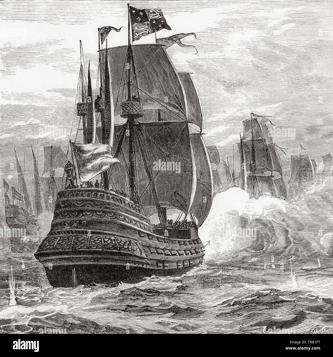 Un barco del siglo XIX de la línea con tres baterías de cañón de popa a proa. Desde la Ilustracion Iberica, publicado 1884. Foto de stock
