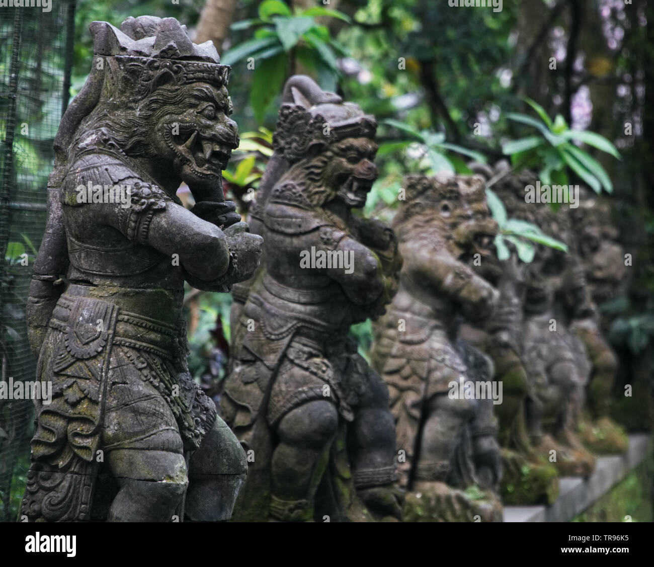 Buscando antiguas estatuas de Indonesia en el bosque de los monos en Bali Foto de stock