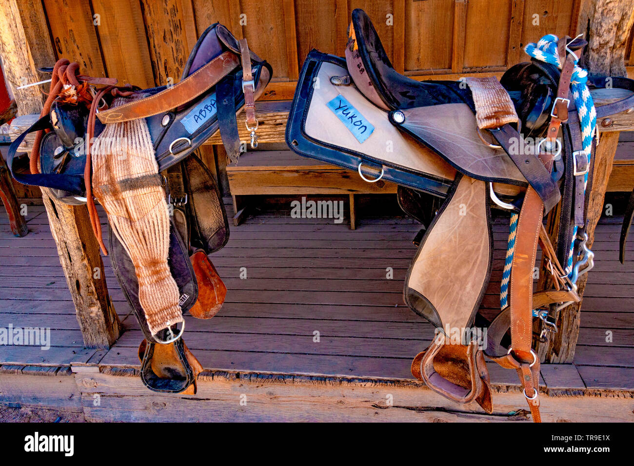 Sillines con sus nombres del caballo, a la espera de ser utilizada en White Stallion Ranch, un rancho de vacaciones justo en las afueras de Tucson, AZ. Foto de stock