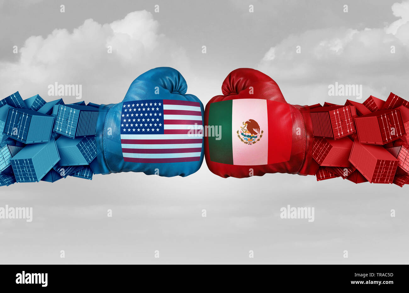 Ee.Uu. México o los Estados Unidos para el comercio y los aranceles americanos sobre la economía mexicana conflicto con dos socios comerciales opuestos como una importación económica . Foto de stock