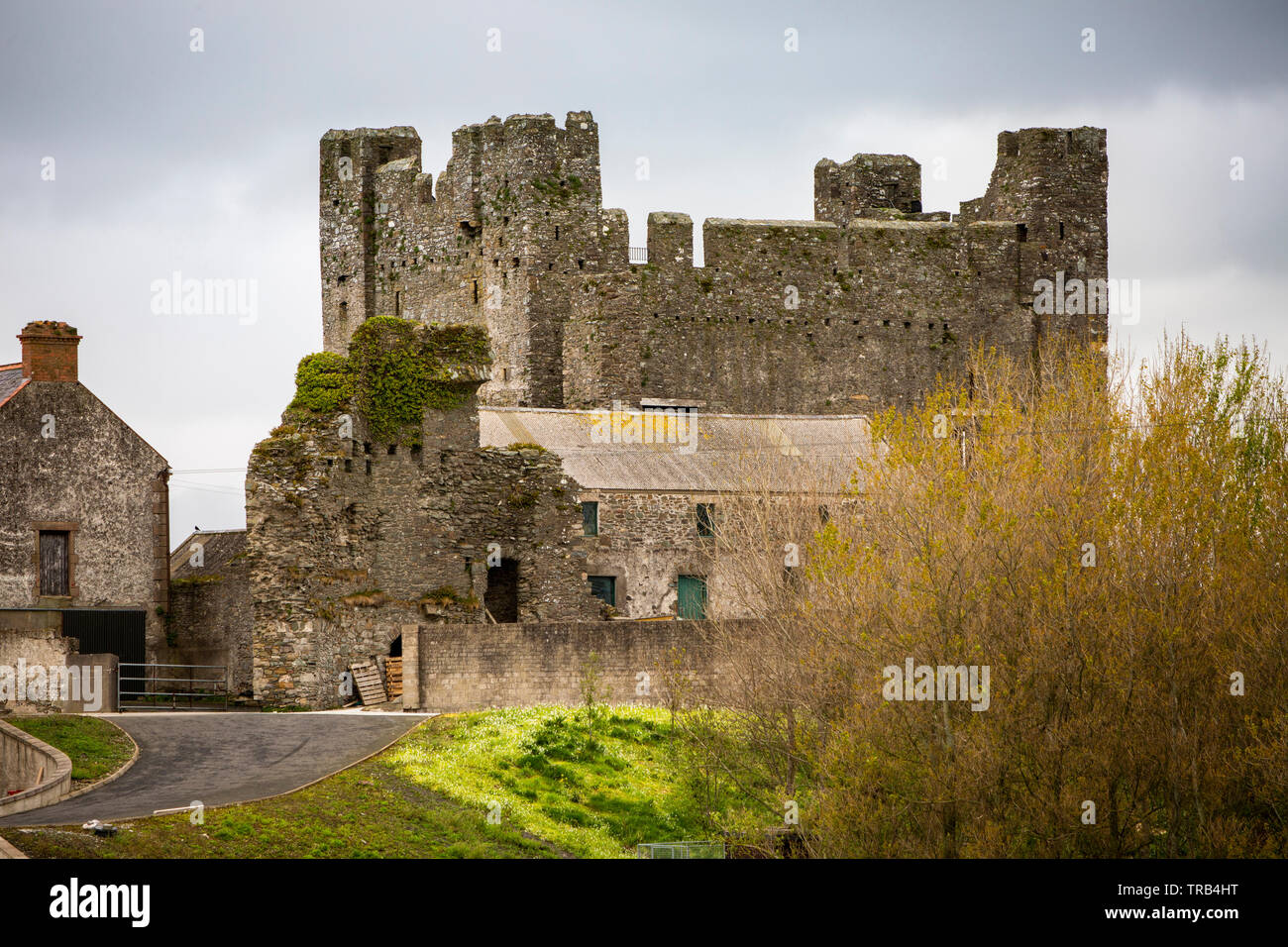 Irlanda del Norte, Co, Greencastle, castillo del siglo XIII en corral en tierras privadas Foto de stock
