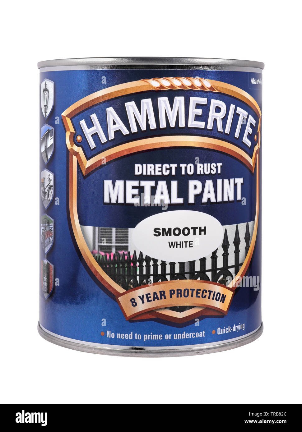 Una lata de 750 ml liso blanco Hammerite Esmalte Metálico Directo sobre el óxido pintura aislado sobre un fondo blanco. Foto de stock