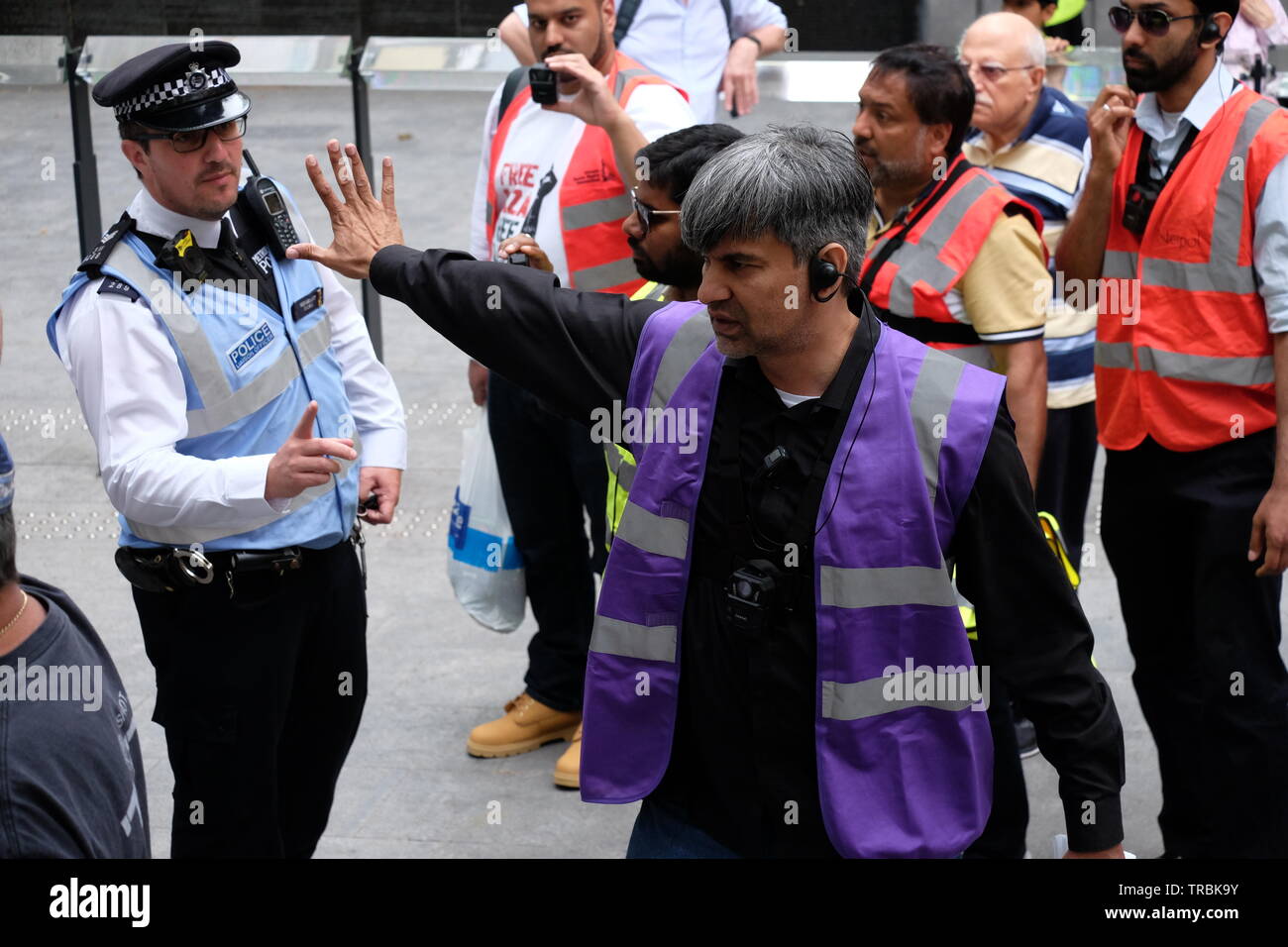 Londres, Reino Unido. 2 de junio de 2019. Día de Al Quds protesta organizada por la CIDH en Londres sigue adelante a pesar de las exigencias que Hezbolá banderas no debería ser volado. Contra las protestas de los partidarios de Israel condujo a una importante presencia policial. Crédito: Rachel Megawhat/Alamy Live News Foto de stock