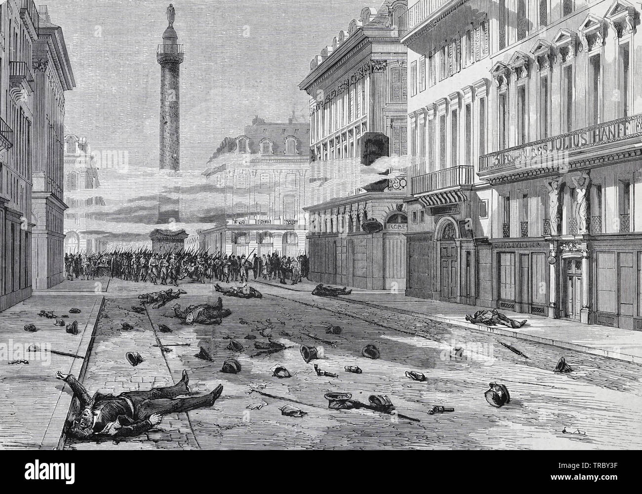 El rodaje de Place Vendôme - Aparición de la calle de la paz, después de la dispersión de la manifestación del 23 de marzo - Comuna de París, 1871 Foto de stock