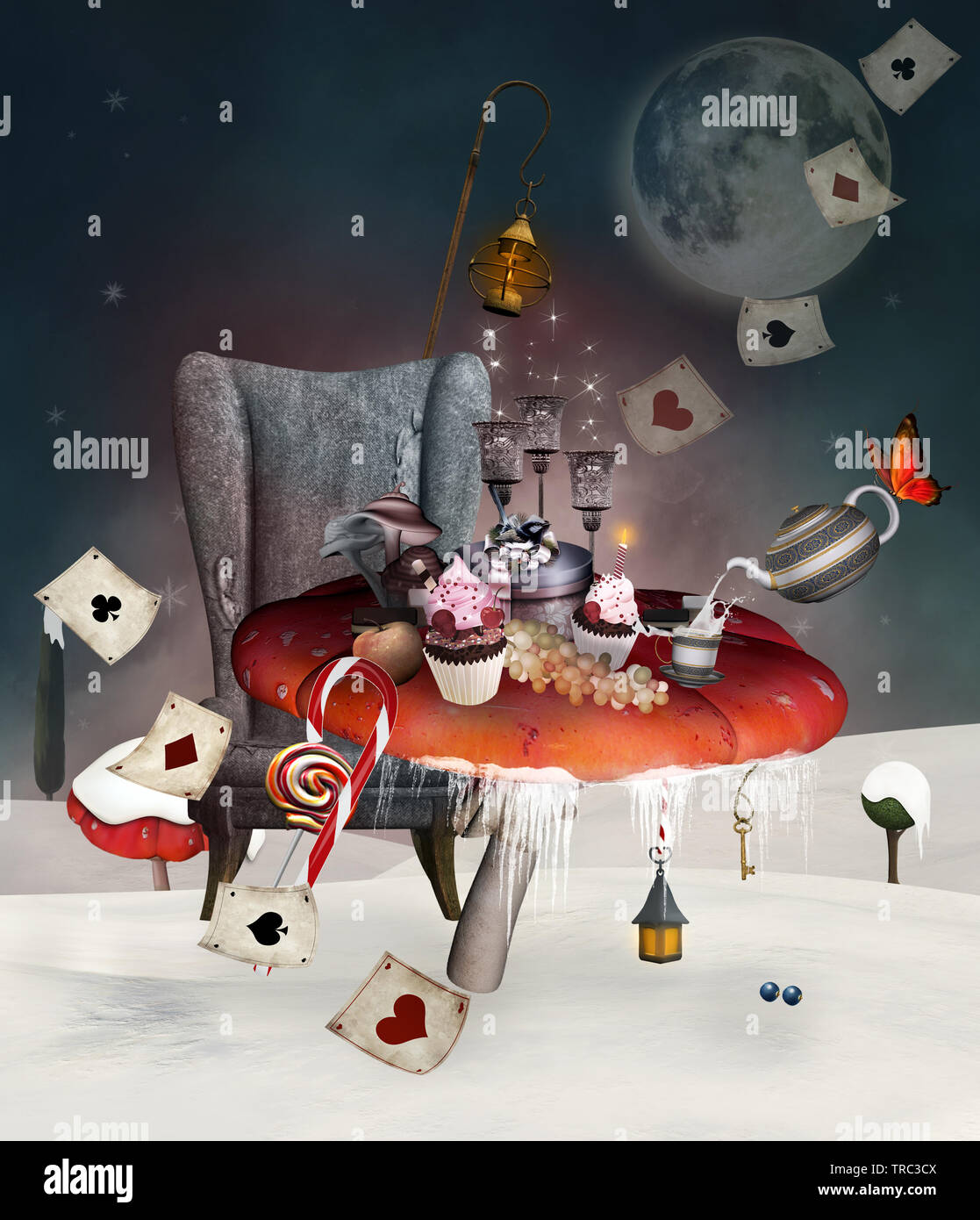 Wonderland surrealista banquete navideño con la fantasía de setas, un  sillón y una mesa llena de pasteles Fotografía de stock - Alamy