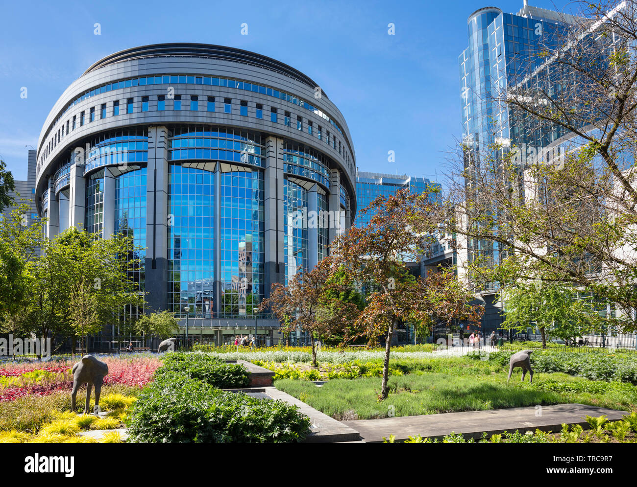 Edificio del Parlamento Europeo Bruselas ,el hemiciclo del Parlamento Europeo, Parc Leopold, el parque Leopold, avestruz esculturas Bruselas, Bélgica,ue,Europa Foto de stock