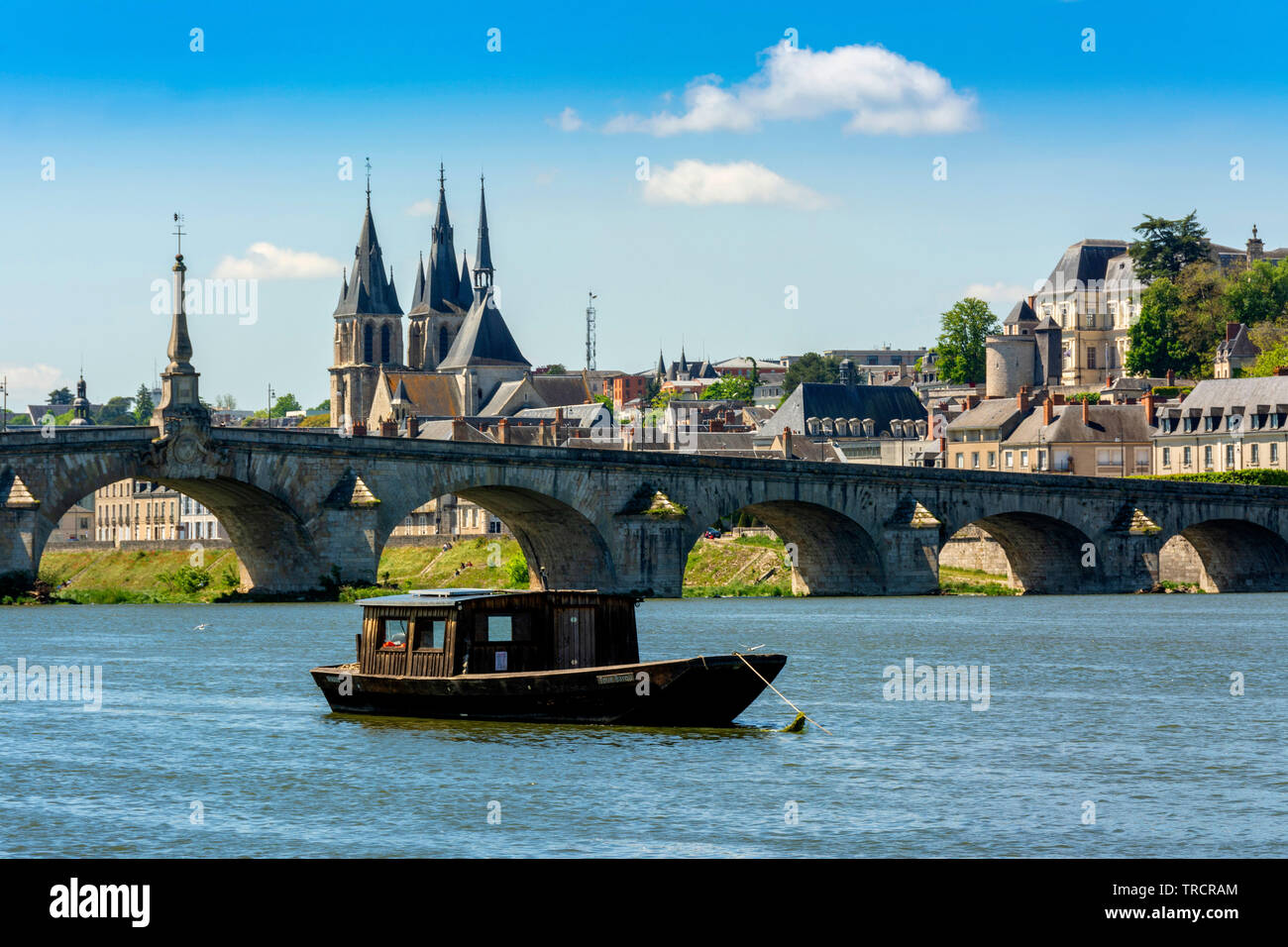 Vista del Loira con sus embarcaciones tradicionales, la ciudad de Blois, Loir-et-Cher, Center-Val departamento de Loire, Francia, Europa Foto de stock