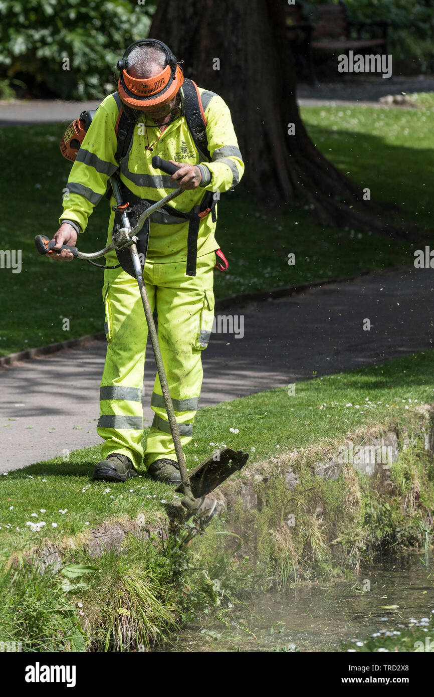 Un trabajador strimming pastos y malezas alrededor de una corriente en un parque paisajístico en Newquay en Cornualles. Foto de stock