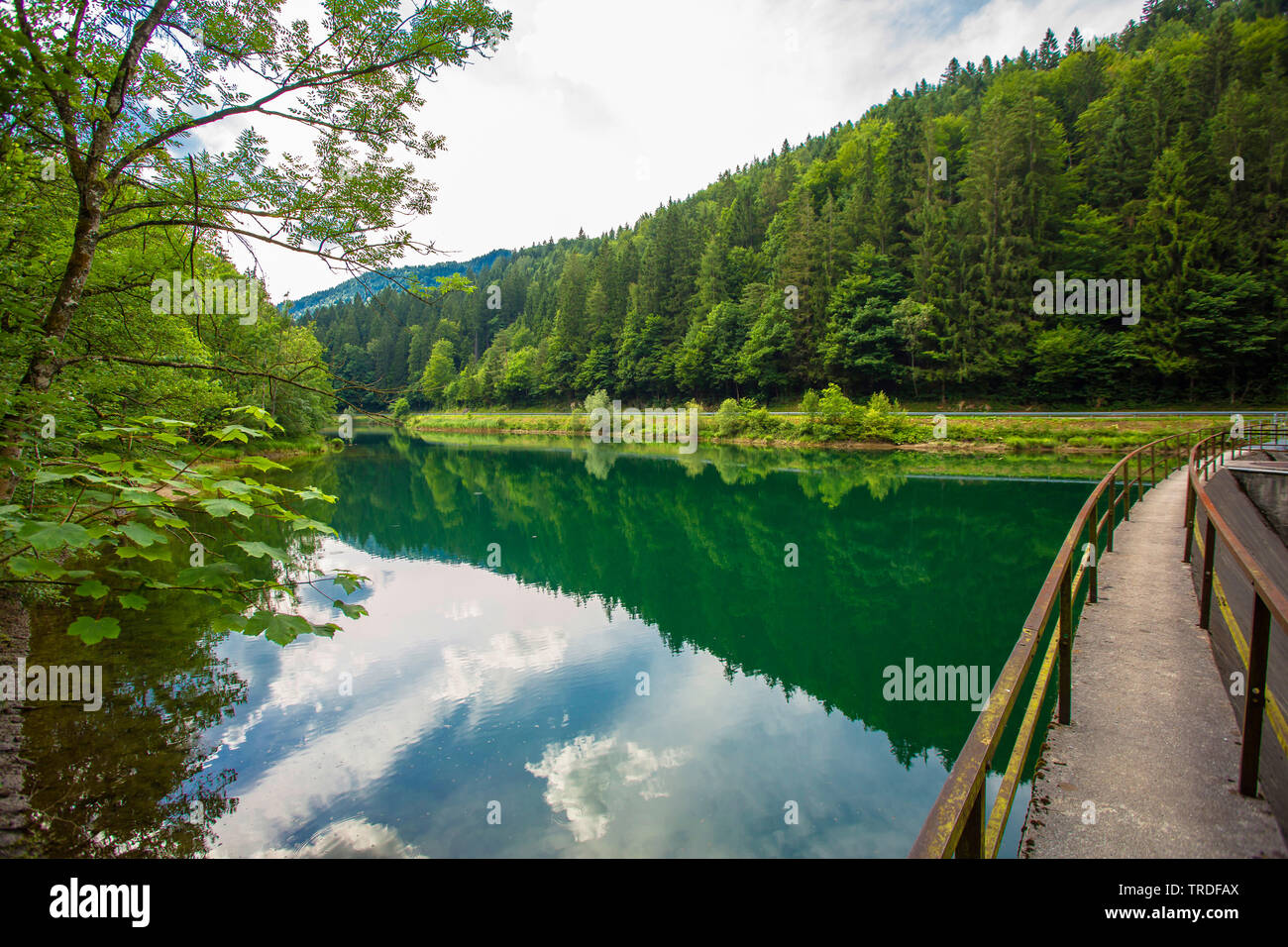 Puente sobre el lago de montaña, Alemania, Baviera, Oberbayern, Alta Baviera Foto de stock
