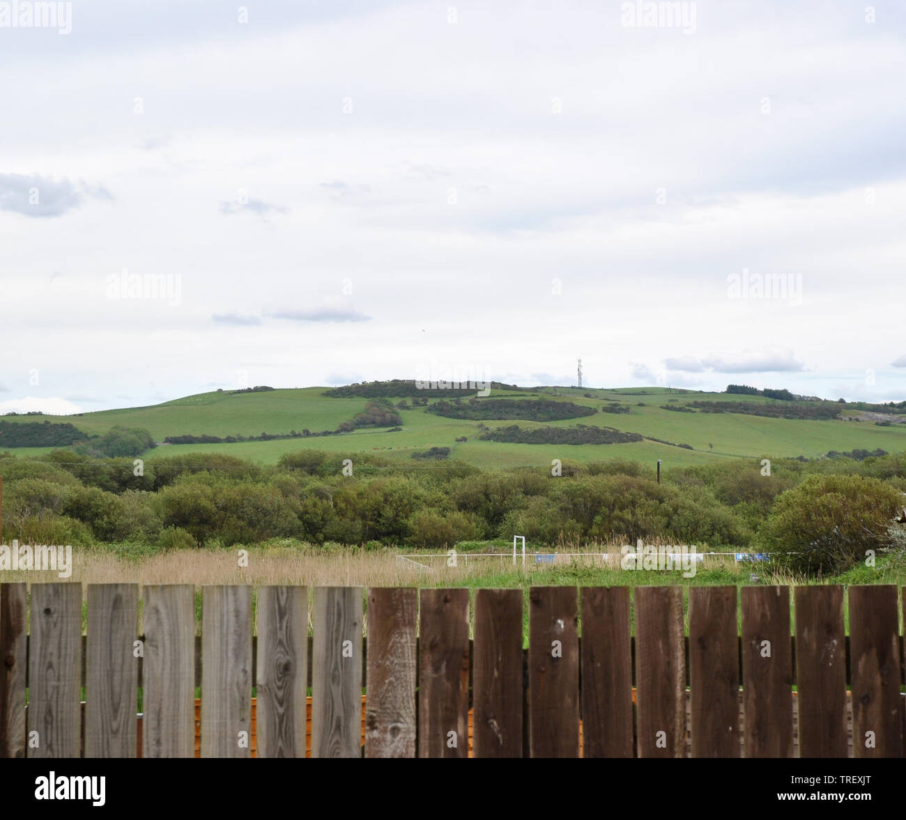 Los verdes campos de rodadura sobre una colina en el fondo contra el cielo gris con una valla de madera en primer plano Foto de stock