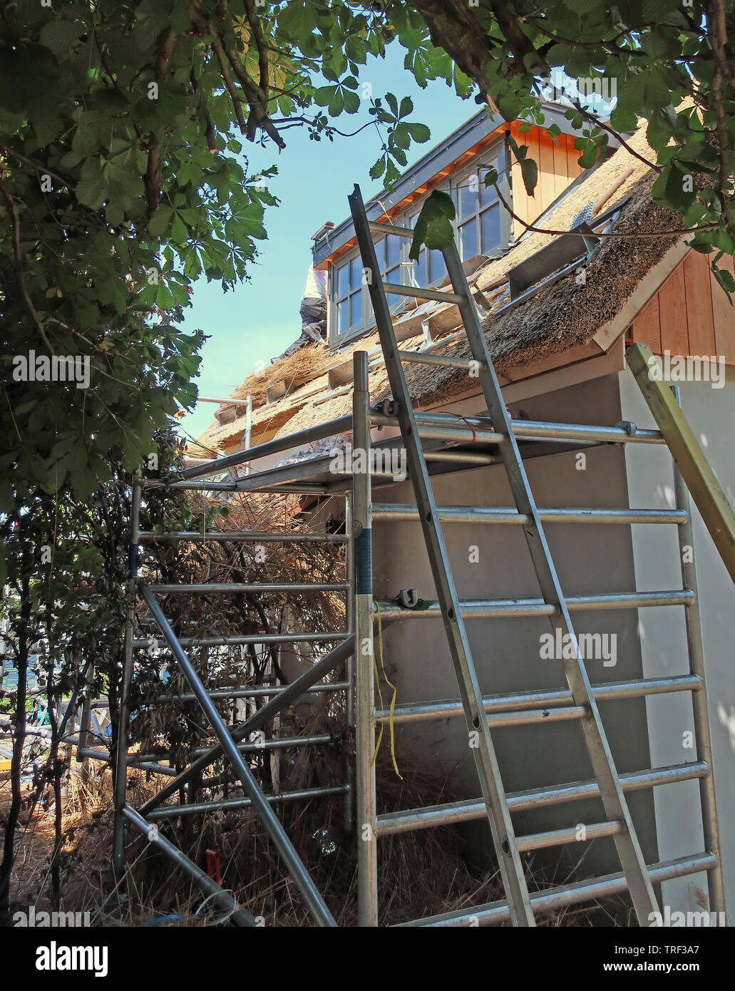 En construcción de techo de paja con una escalera Foto de stock
